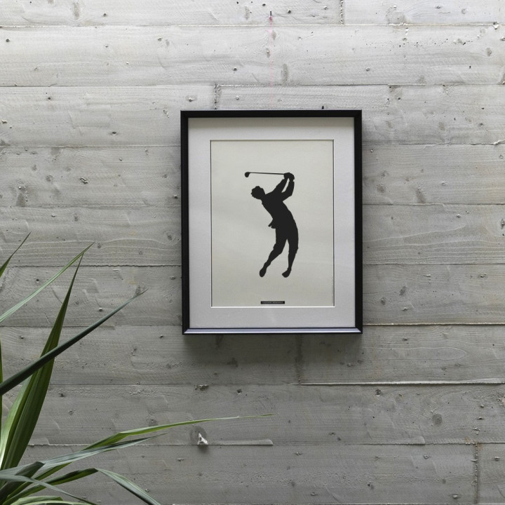 Print "Golf · Classic swing in plus fours" framed and hanging on a wall