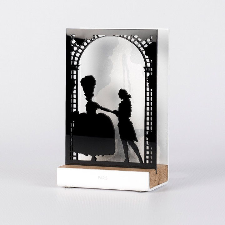 Figure "JARDIN ROMANTIQUE", vue en perspective avec son socle en chêne