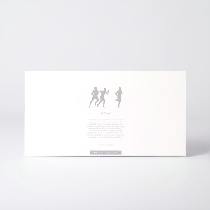 Sleeve of the figure "Athletics · Three runners" with the text explaining the silhouette