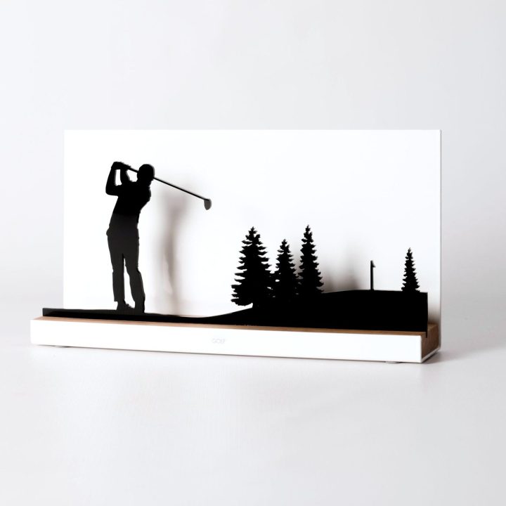 Figure "Golf · Swing among pines with the flag", angled view showing its oak base