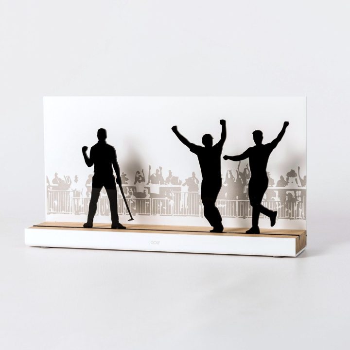 Figure "Golf · Celebration before the crowd", angled view showing its oak base
