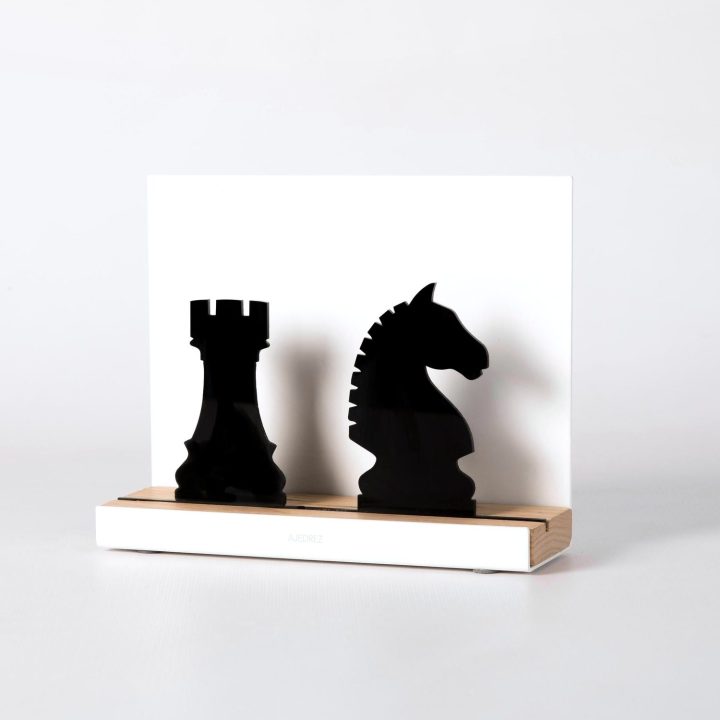 Figure "Chess · Rook and knight", angled view showing its oak base