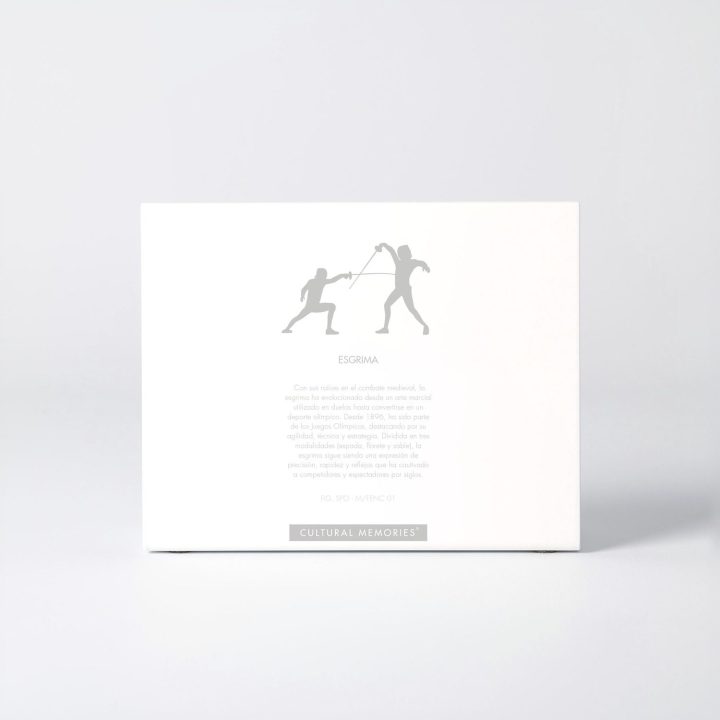 Coffret de la figure "Escrime · Fente" avec le texte qui explique la silhouette