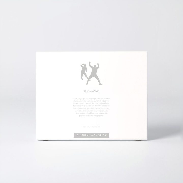 Estuche de la figura "Balonmano · Lanzador ante defensor" con el texto que explica la silueta