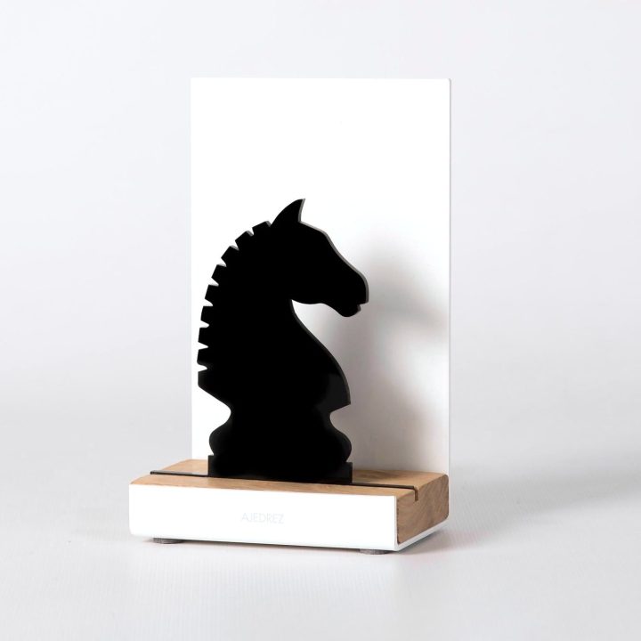 Figure "Chess · Knight", angled view showing its oak base