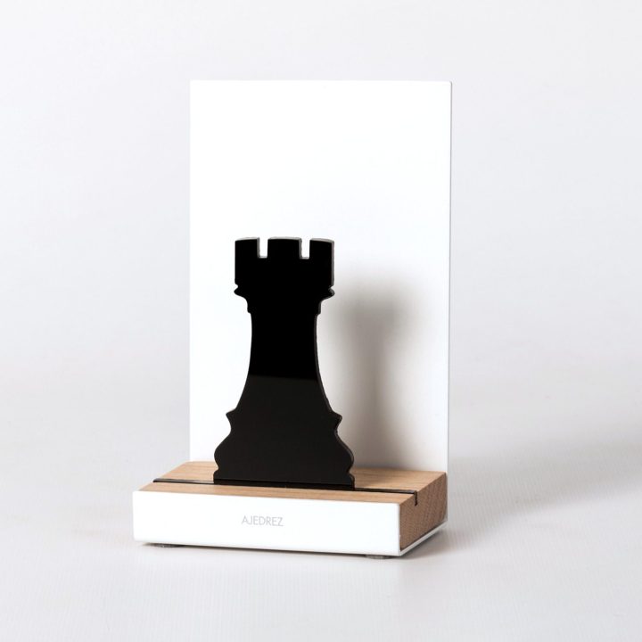 Figure "Chess · Rook", angled view showing its oak base