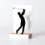 Figure "Golf · Follow-through", angled view showing its oak base