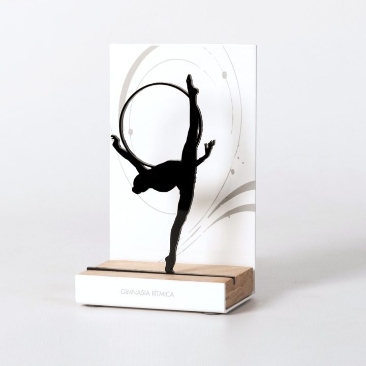 Figure "Rhythmic gymnastics · Balance with hoop", angled view showing its oak base