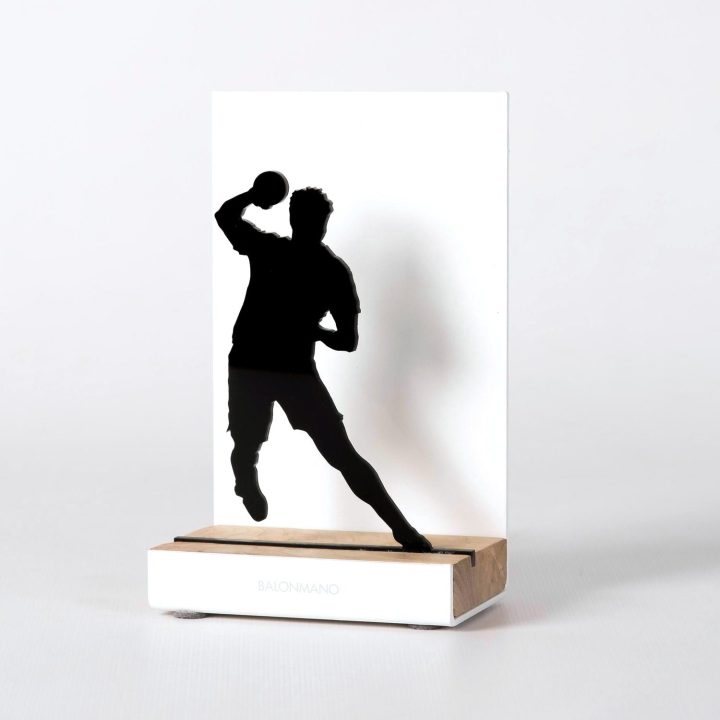 Figure "Handball · Player winding up", angled view showing its oak base
