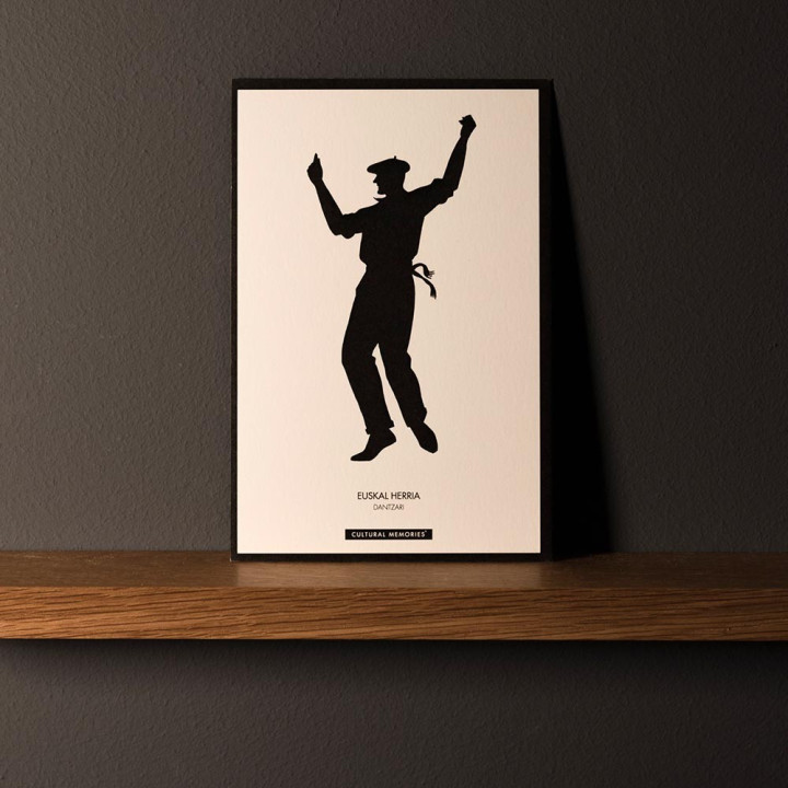 Postcard "DANTZARI MUTILA" standing on a shelf